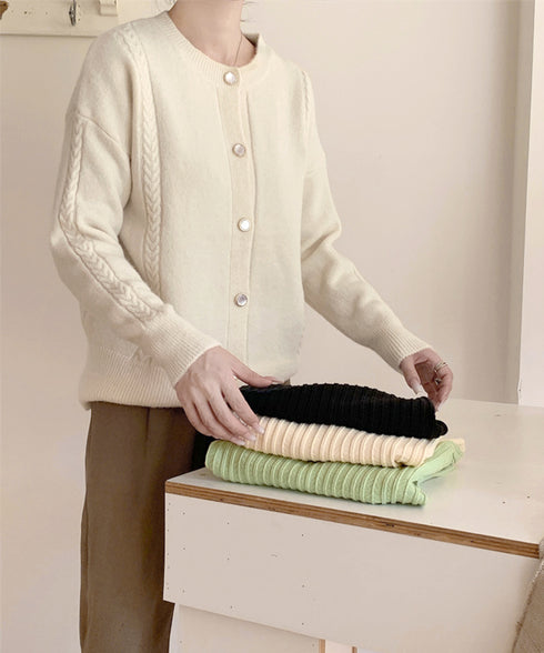 リボンワンポイントニットカーディガン秋冬 レディース パール調ボタン ニットトップス 長袖 ニットアウター クルーネック セーター 韓国風 ベーシック ニット羽織 2HUANYI-001